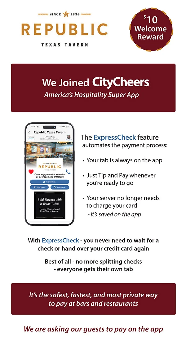 CityCheers Menu Insert