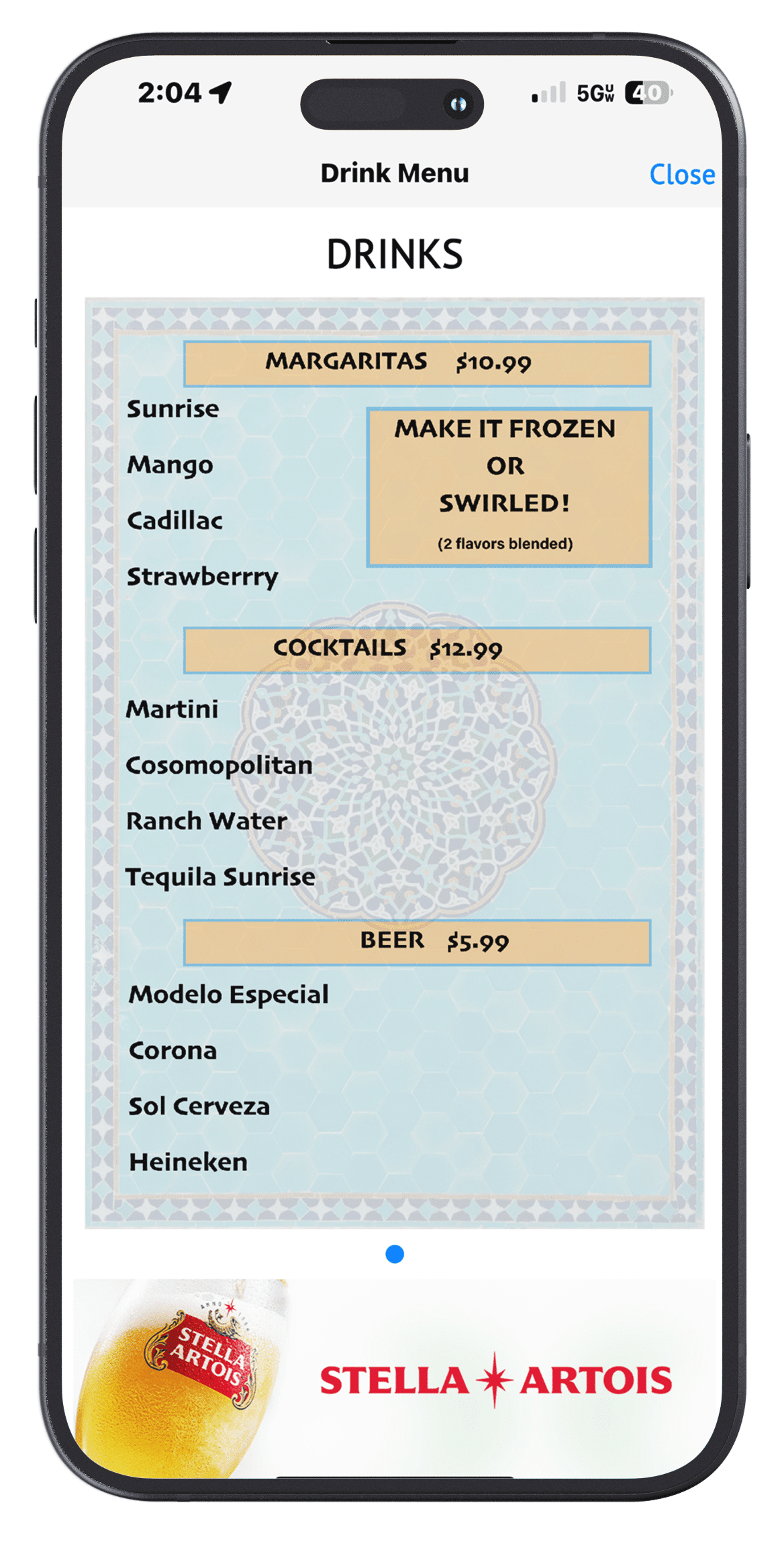 CityCheers Super App Drink Menu