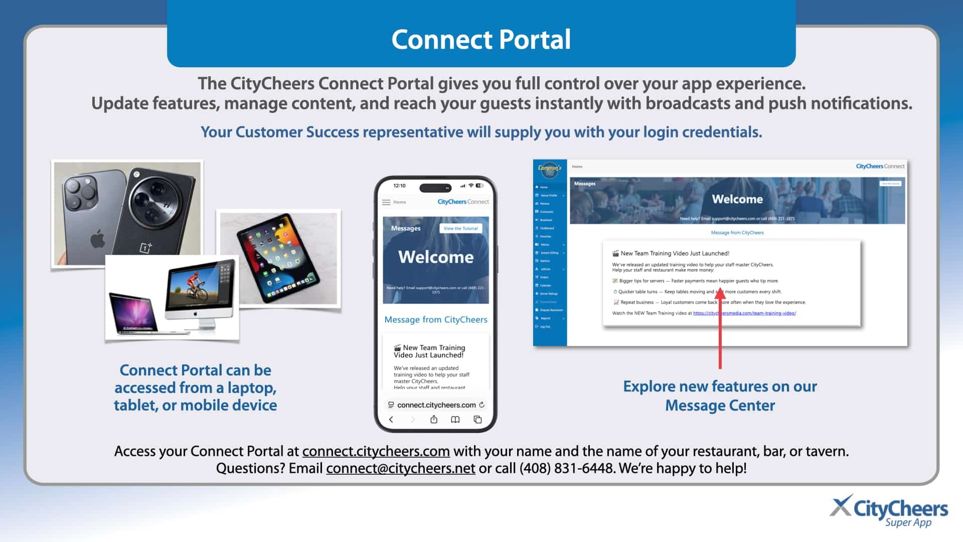 Overview of CityCheer Connect Portal shown on multiple devices (phone, tablet, laptop) with feature screenshots and welcome text.