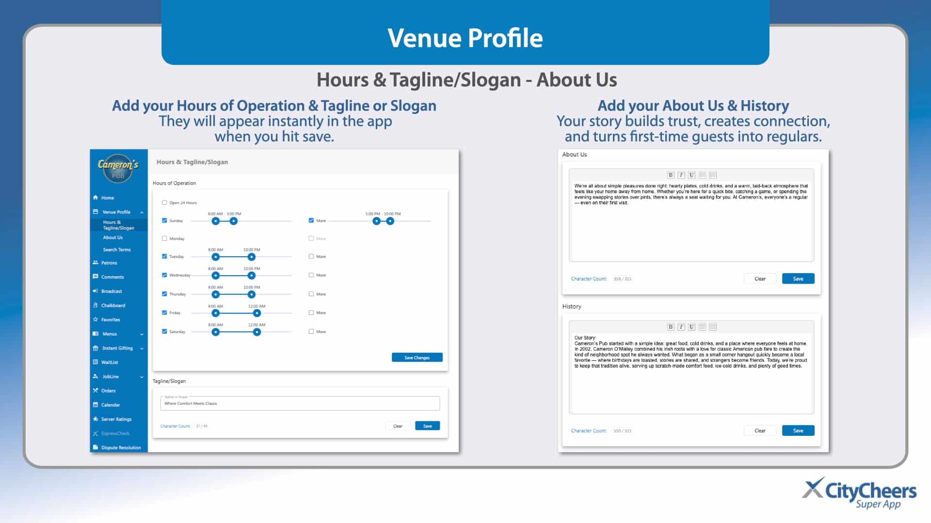 Venue Profile header with two sections showing hours setup on left and about us editor on right.