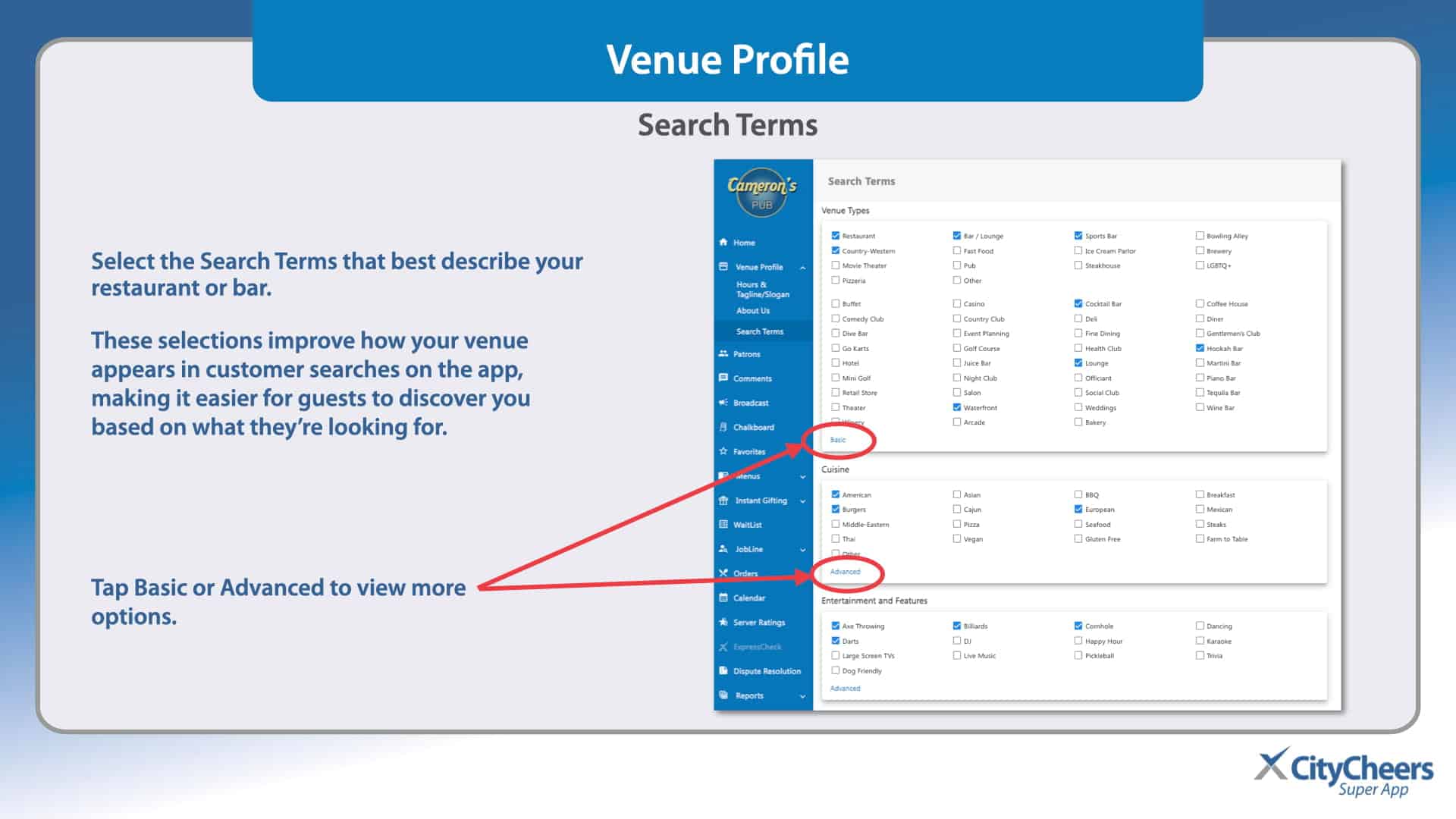 Screenshot of a venue profile UI with a left navigation pane and checkboxes for search terms; Basic and Advanced options circled with a red arrow pointing to them.