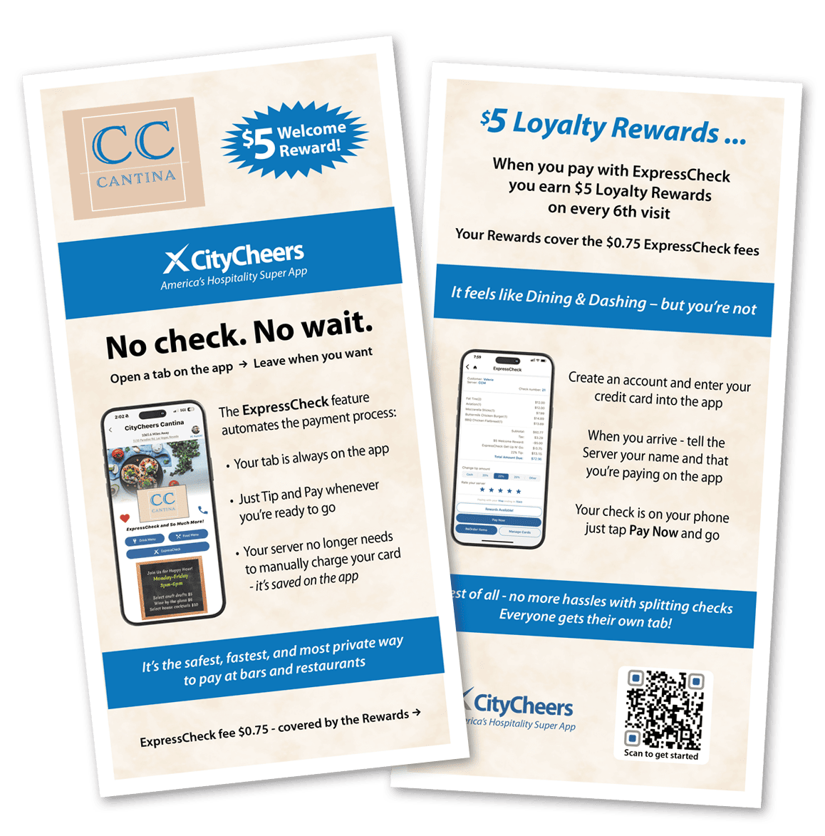 Two promotional flyers for CityCheers app featuring $5 welcome reward and $5 loyalty rewards with phone screenshots of the app.",