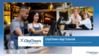Two restaurant staff in aprons use a touchscreen checkout, with a manager guiding at a computer in an inset frame; CityCheers App Tutorial banner in blue.