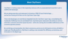 Introductory panel showing CityCheer branding with the headline 'Meet CityCheers' and a multi-paragraph description about the Super App for hospitality.