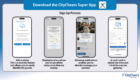 Infographic showing CityCheers sign-up flow with four phones illustrating: upload a photo, share location, enable notifications, and add a credit card.
