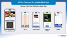 Infographic showing five iPhone screens with CityCheerrs app features: Menus, Photos & About, Calendar of Events, and Widgets.