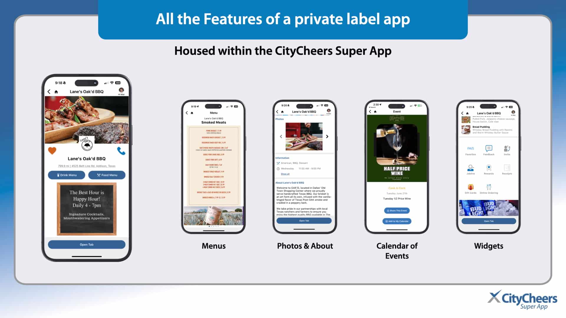 Infographic showing five iPhone screens with CityCheerrs app features: Menus, Photos & About, Calendar of Events, and Widgets.