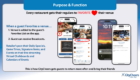 Slide describing how guests favorite a venue in CityCheer’s app, with multiple smartphones showing the Favorites feature and a list of restaurant cards on screen, plus a large blue header that reads Purpose & Function.