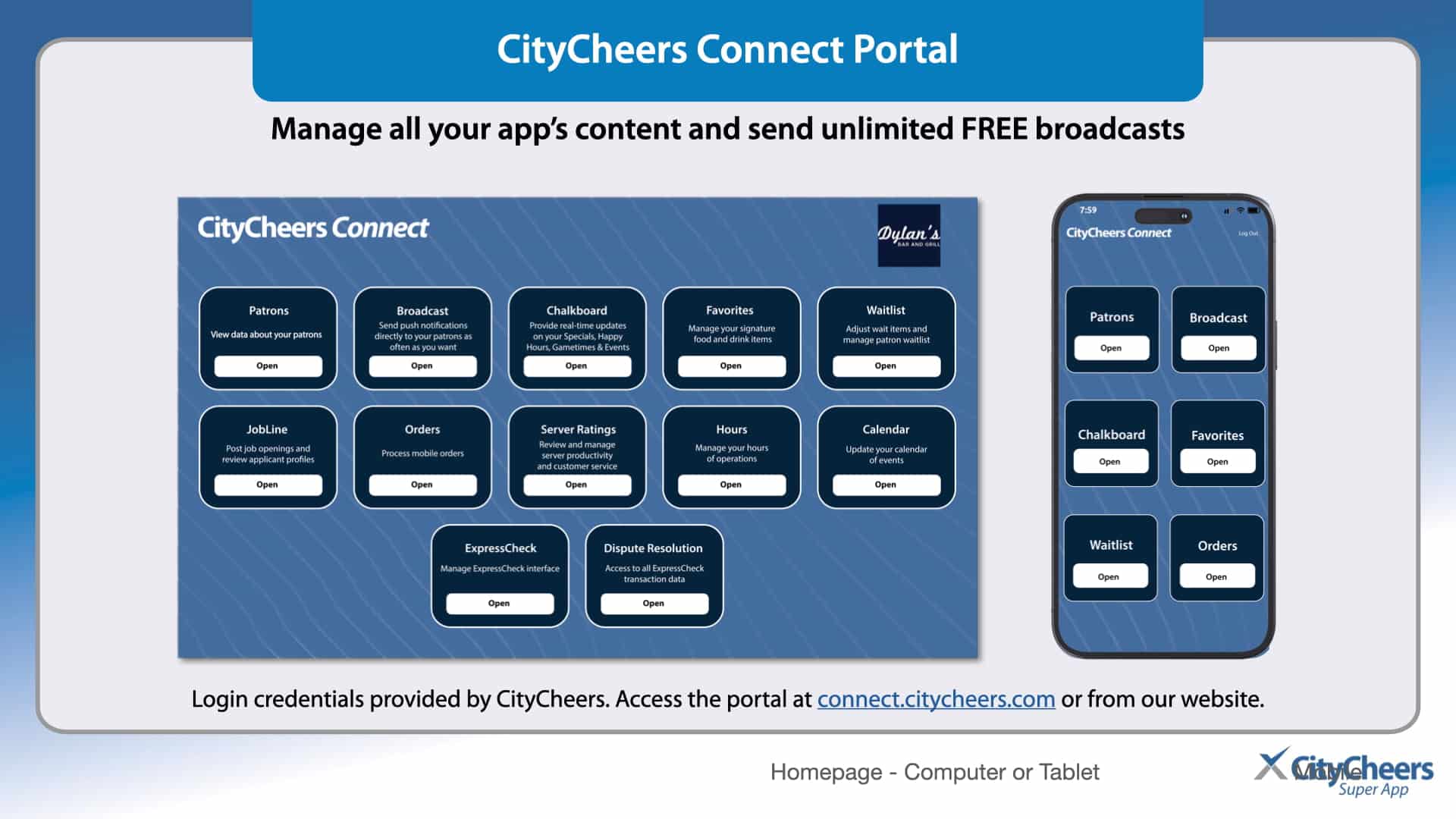 Illustration of CityCheerrs Connect Portal UI shown on a tablet and a smartphone, with multiple rounded feature tiles for managing broadcasts and content.