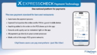 ExpressCheck payment technology slide with platform headline and bullet features about automating payments and mobile order updates, plus a smartphone receipt on the right.