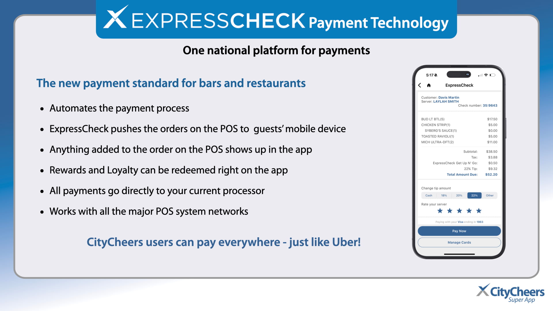 ExpressCheck payment technology slide with platform headline and bullet features about automating payments and mobile order updates, plus a smartphone receipt on the right.