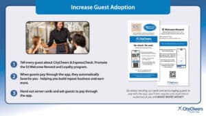 Restaurant staff assisting guests at a table with framed rounded photo on left and promo flyers on right, about increasing guest adoption.