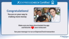 Congratulatory banner for ExpressCheck Certified with a smiling bartender photo and the message about making more money.