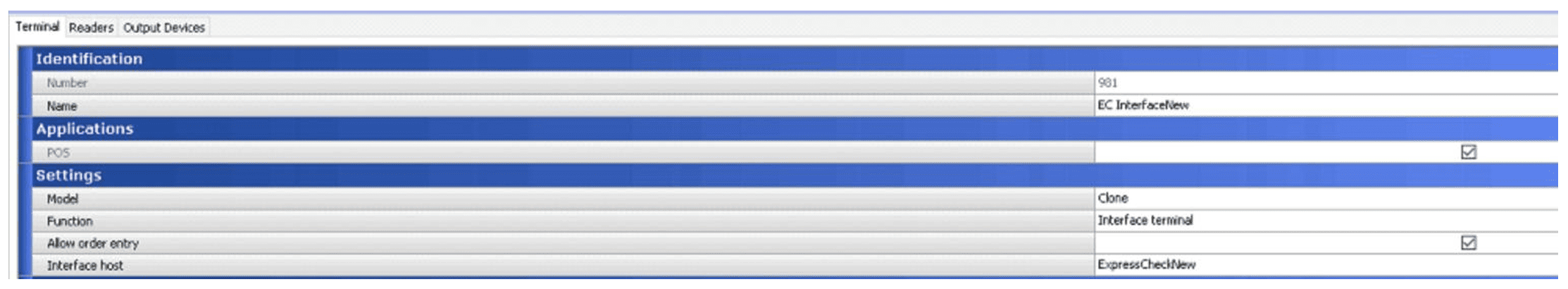 Blue UI configuration screen with sections Identification, Applications, and Settings, listing fields like Number, Name, POS, Model, Function, and checkboxes.