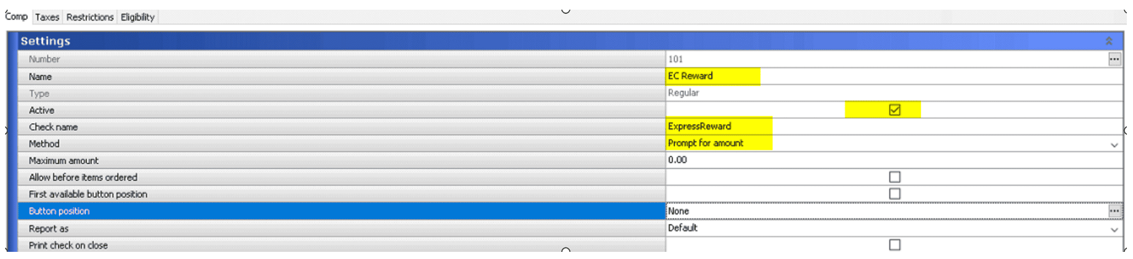 Settings dialog showing a list of fields; Name is EC Reward (highlighted), Type Regular, Active checked, with ExpressReward and Prompt for amount text in yellow highlights.