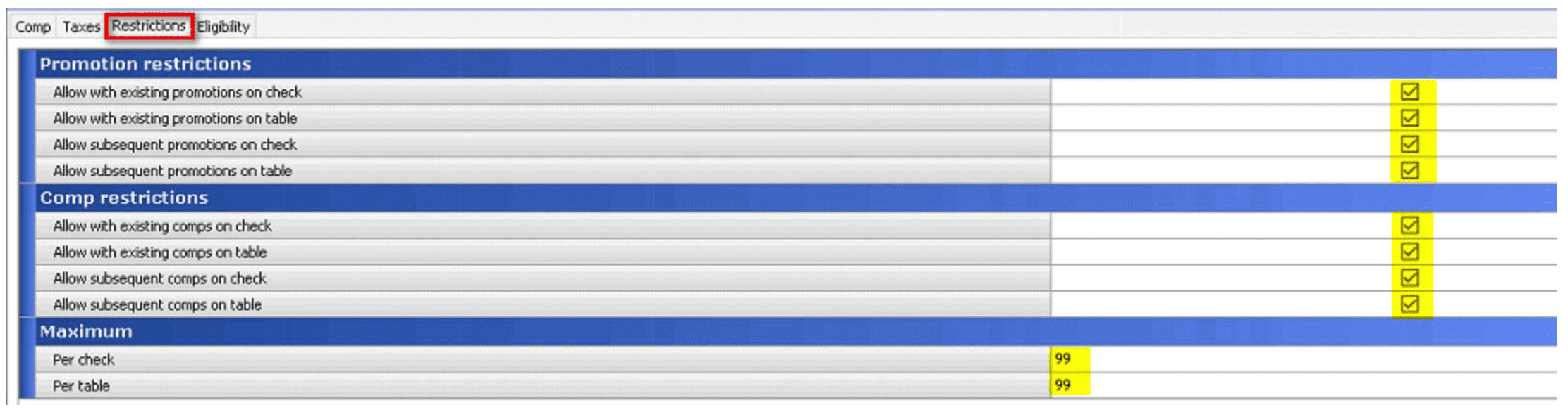 Settings page on Restrictions tab with promotion and comp restrictions and checkboxes on the right.