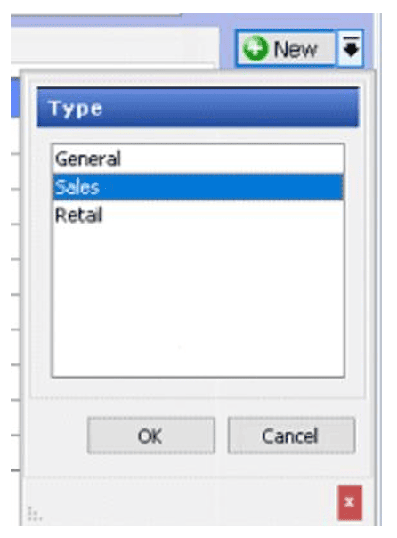 Dialog titled Type with a list: General, Sales (selected), Retail; OK and Cancel buttons beneath.