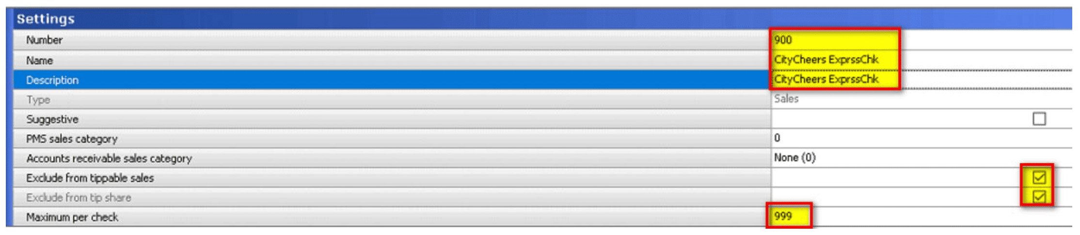 Screenshot of a settings form listing fields such as Number, Name, Description, Type, and Maximum per check, with yellow highlighted values '900' and '999' and two right-side checkboxes checked.