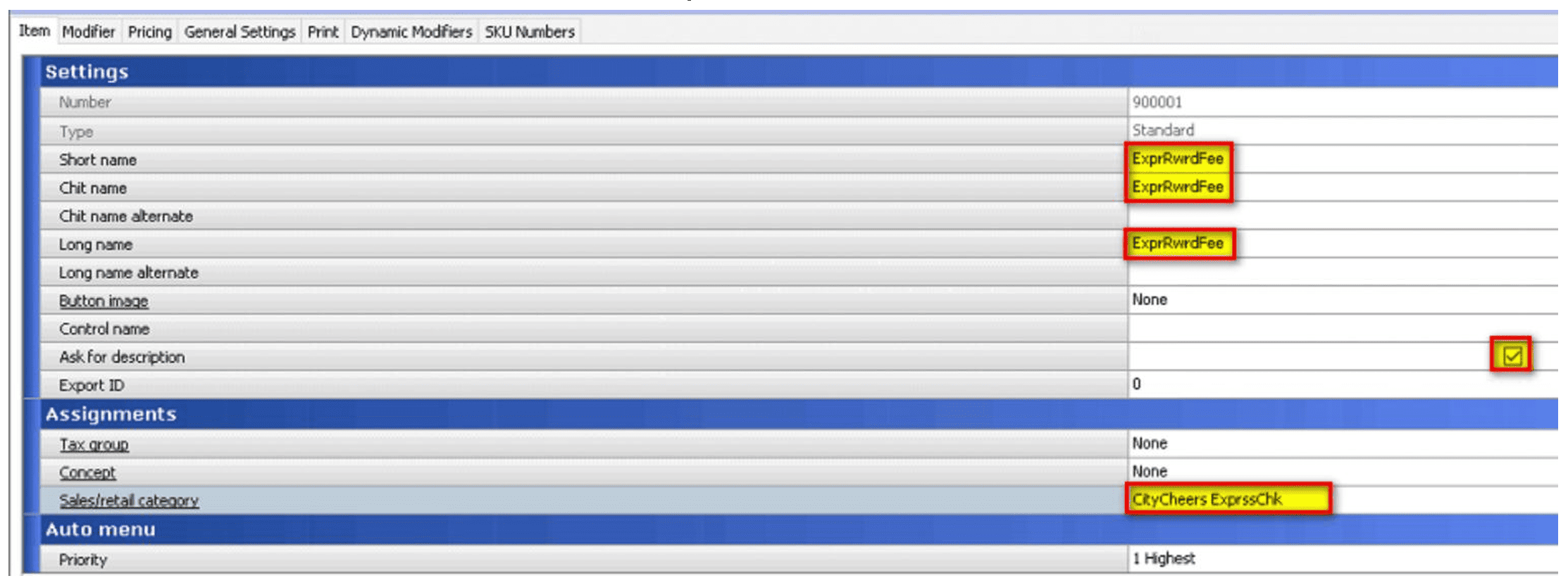 Settings screen with multiple fields (Number, Type, Short name, Long name, etc.) and a highlighted ExpressRwdFee value; export checkbox checked at right side.
