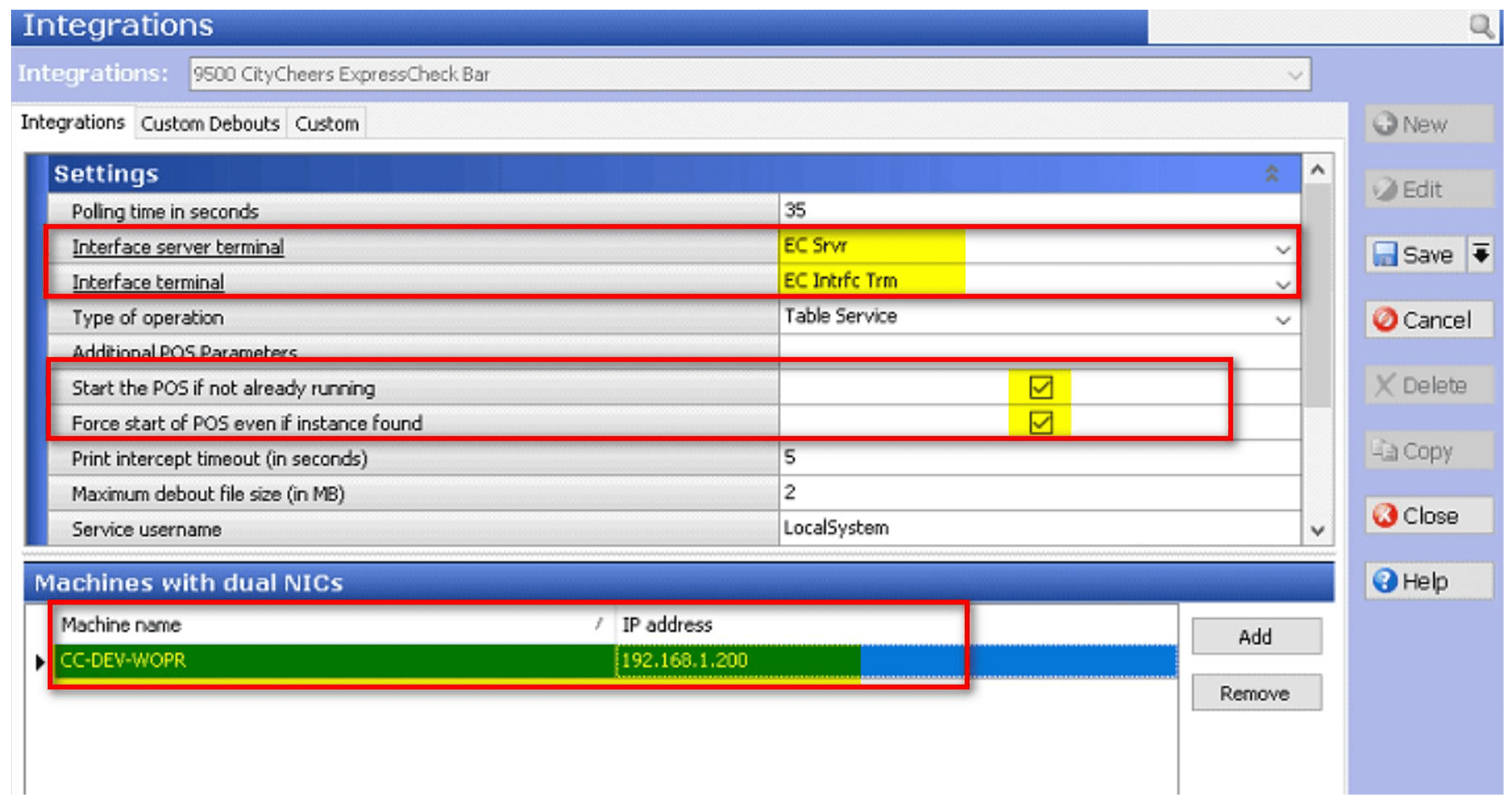 Settings screen for Integrations with highlighted rows for Interface server terminal and Interface terminal, plus startup options; bottom shows a machine entry CC-DEV-WOPR with IP 192.168.1.200.