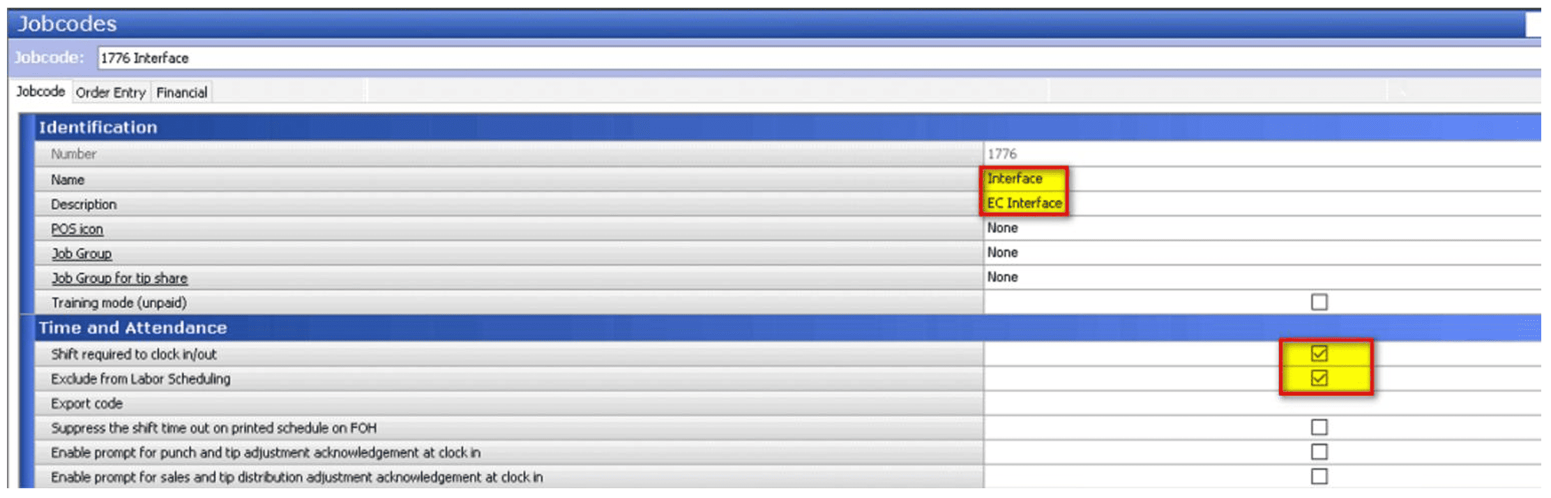 Jobcodes screen showing jobcode 1776 with Identification fields: Name “Interface” and Description “EC Interface”, plus Time and Attendance with two checked boxes.