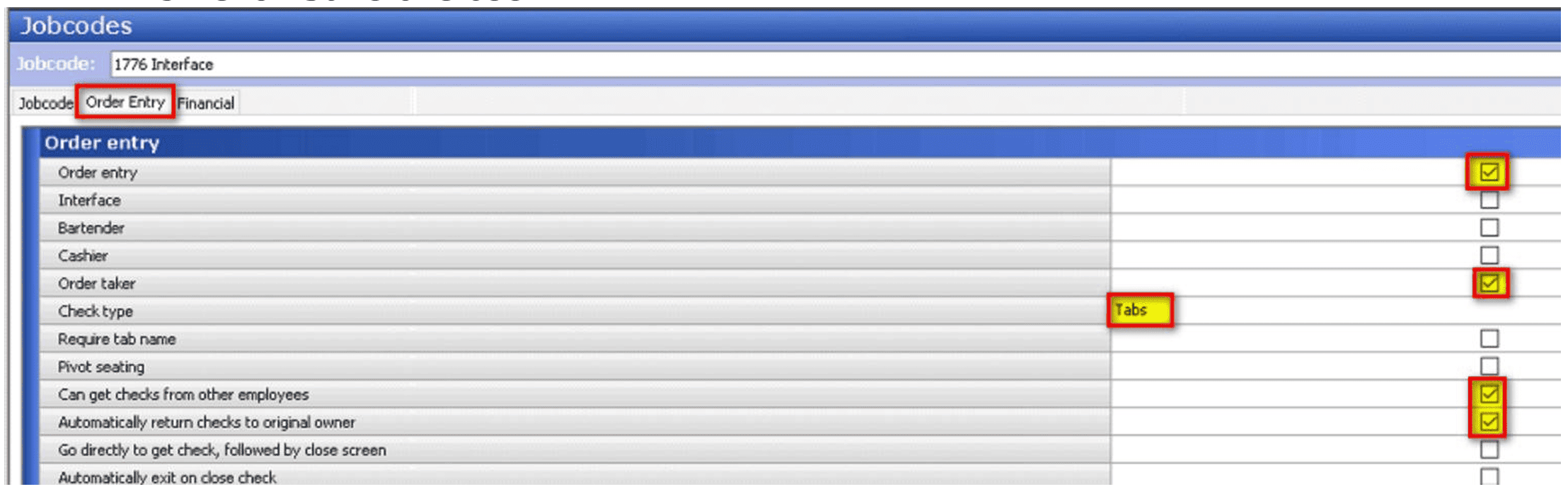 Legacy software screen showing Order Entry tab with a list of roles (Bartender, Cashier, Order taker) and checkboxes on the right; some boxes checked.