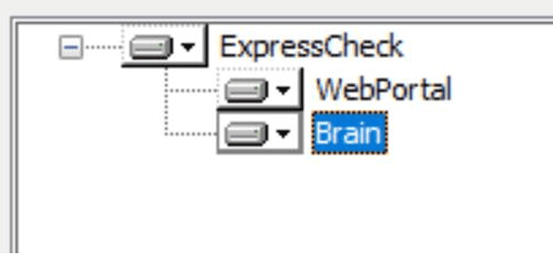 Tree view of software modules: ExpressCheck > WebPortal > Brain, with Brain selected as the current item.