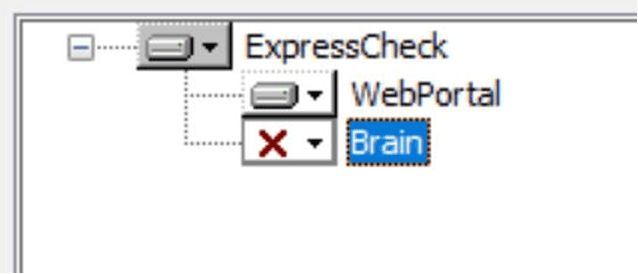 UI diagram with three stacked dropdowns labeled ExpressCheck, WebPortal, and Brain (Brain highlighted) with a red X button nearby.