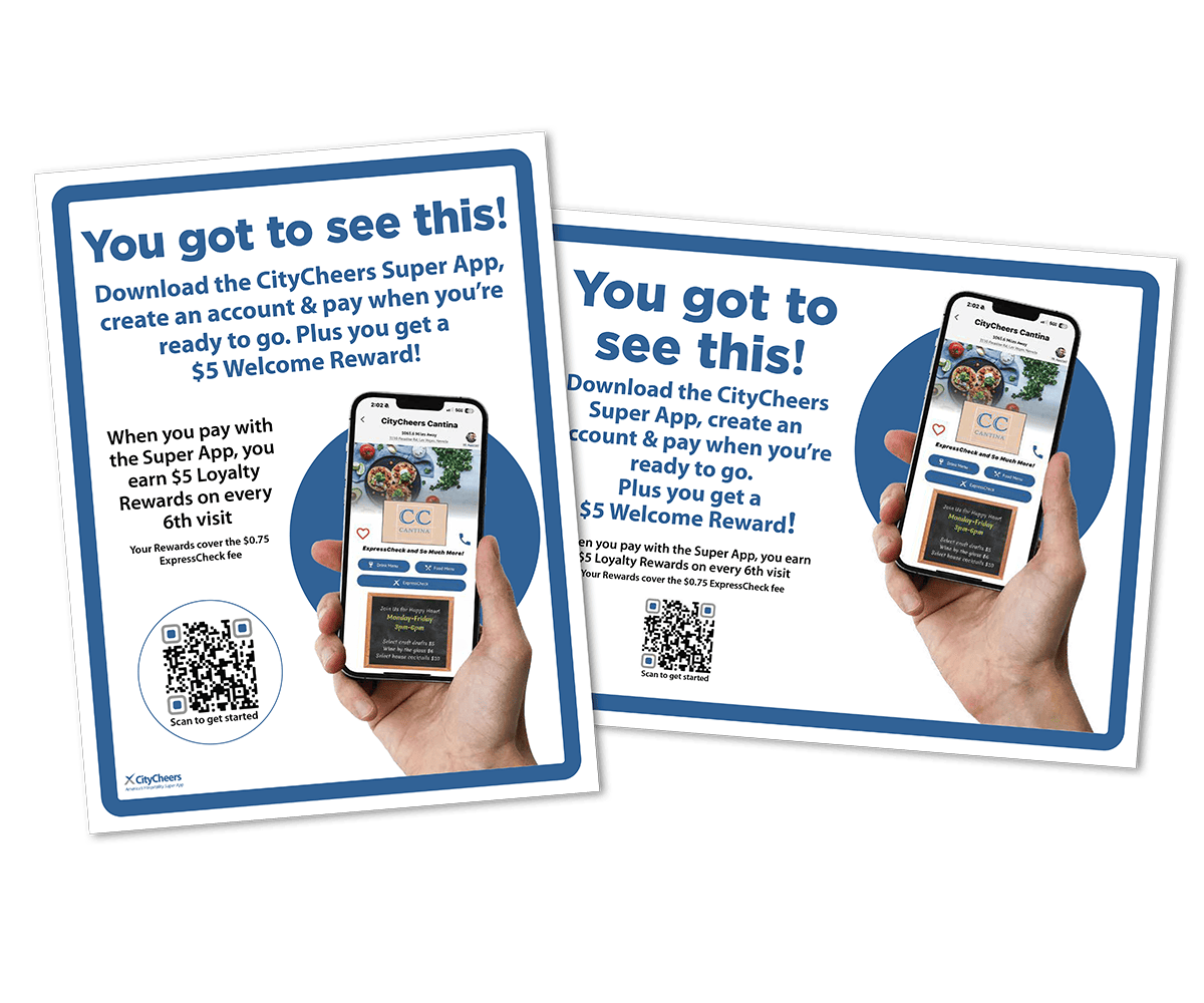 Two tilted promotional posters showing a hand holding a smartphone with the CityCheers Super App, promoting download and a $5 welcome reward.